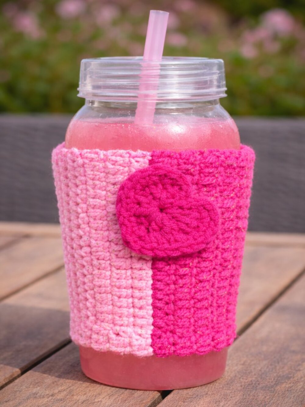 Pink Crochet Cup Koozie with Heart | Reusable Coffee Sleeve | Cute Drink Holder